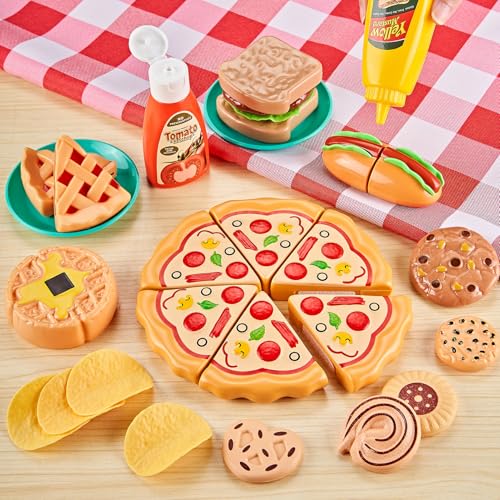 85-teiliges Spielzeug-Lebensmittelset, zum Schneiden von Spielzeug-Lebensmitteln mit 2 Körben, Spielküchen-Zubehör mit Pizza, Gemüse, Obst und Dessert, Geschenk für Jungen und Mädchen. – Bild 3