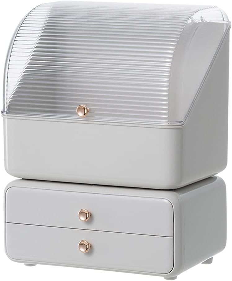 Bright Stone Makeup Organizer, Waterproof and Dustproof Cosmetic Storage Skincare Case for Vanity/Bathroom Counter/Bedroom,Detachable Drawers for Jewelry,and Perfume Organizers(White)