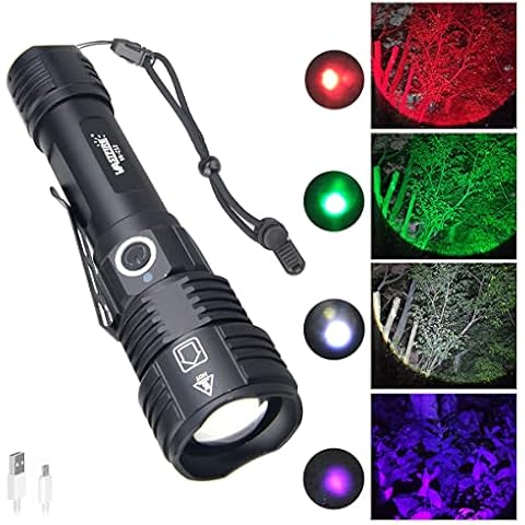 VASTFIRE USB Rechargeable Blood Tracking Light Deer Elk Hunting Flashlight - Multi-Color Search Lights XPE Red, Green, UV Blacklight and White Color Changing Lamp Cover