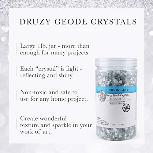 image for Unicone Art Druzy Geode Crushed Glass for Resin Art (1-Pound Jar), Sil