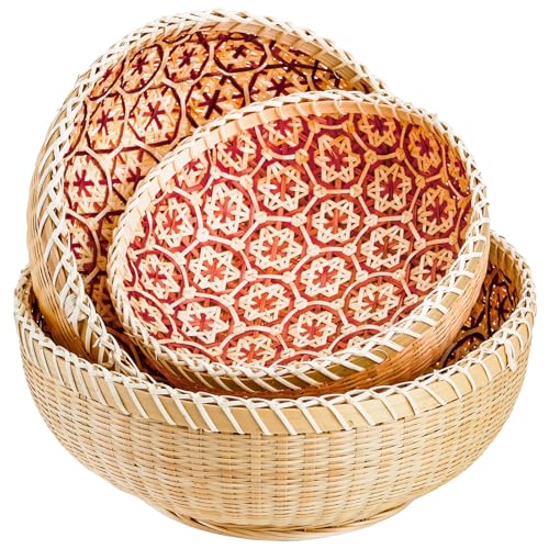 Elsjoy Set of 3 Round Wicker Fruit Baskets, Kitchen Wicker Woven ...