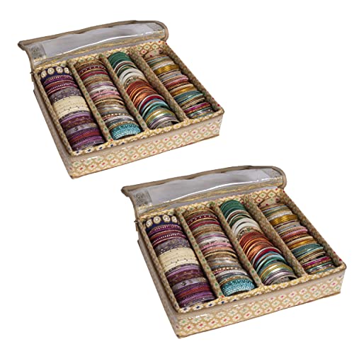 Image of HomeStrap 4 Rod Brocade Design Bangle Storage Box /Chudi Set Organizer (Golden|Pack of 2)