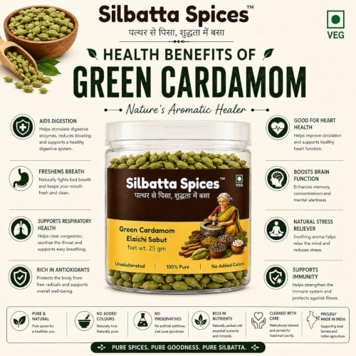 Image of Silbatta Spices Premium Green Cardamom (Hari Elaichi) 25g | Whole Green Cardamom Pods | 100% Pure | Unpolished | Manually Cleaned & Destoned | No Added Colours