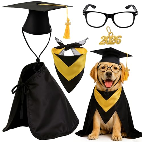 FUNID 5 PCS Dog Graduation Cap and Gown with Cape 2026 Metal Hangings Gold Tassel and Lensless Glasses Graduation Costumes for Medium Small Dogs Cats Holiday Party Dress Costume Accessory(Black)
