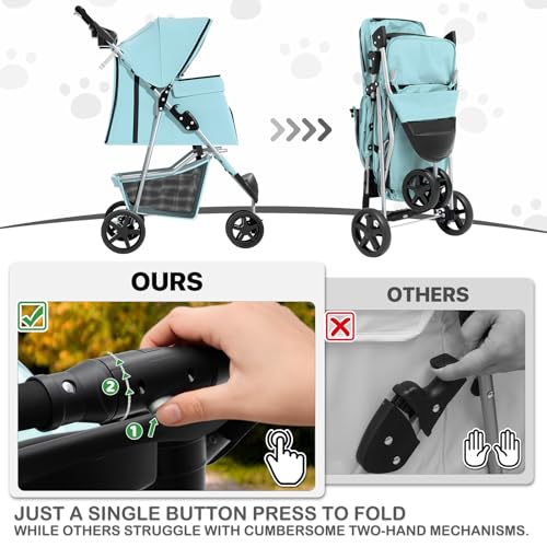 Image of MoNiBloom 3 Wheels Pet Dog Cat Stroller for Small Medium Dogs Cats, Lightweight Foldable Jogger Stroller w /Storage Basket and Cup Holder, Mint Green