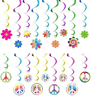18 Pcs 60's Hippie Theme Party Foil Swirl Decorations 60s Groovy Party Retro Flower Cutouts Peace Sign Hanging Swirls Ceiling Decorations for 60sTheme Party Decorations