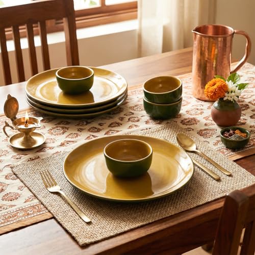 Image of The Earth Store Handcrafted Mustard Novelle 8 Piece Ceramic Dinner Set, 4 Full Dinner Plates, 4 Vegetable Bowls | Microwave & Dishwasher Safe | Ceramic Plate | Katori