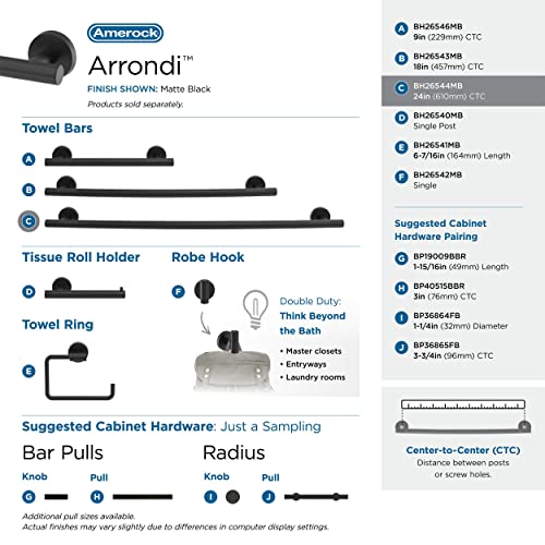 Image of Amerock Arrondi 24 inch Matte Black Towel Bar | Decorative bathroom hardware in durable Stainless Steel construction; mounting hardware included for easy installation