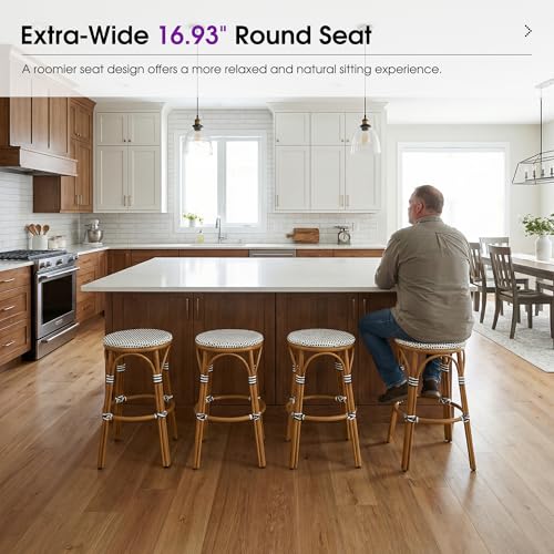 Image of PURPLE LEAF Outdoor French Round Bar Stool Set of 2 Oversized 30 inch Armless Stackable Rattan Barstools Bamboo Print Aluminum Frame with Woven Wicker for Patio Island Cafe White and Black