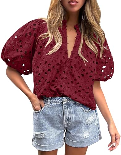 BETTE BOUTIK Women's Long Short Sleeve Tops 2025 Dressy Casual Button Hollow Out Lace Embroidered Blouses Shirts