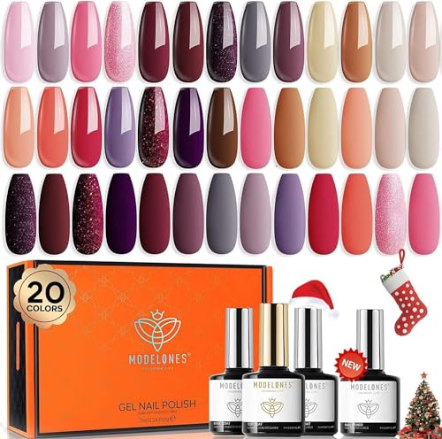Modelones 24 Pcs Gel Nail Polish Set, 20 Colors Nude Gray Pink Glitters Gel Nail Polish Set with Bond Primer Glossy & Matte Top Base Coat Nail Art Manicure DIY Salon at Home