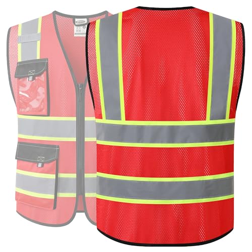 Image of JKSafety Hi Vis Reflective Safety Vests for Men Women High Visibility Vest with Pockets Mesh Fabric Construction Safety Apparel Neon Vest for Work (220-Red 3XL)