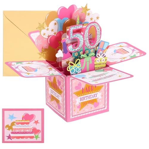 PATIKIL 50歳の誕生日カード ポップアウト誕生日カード 面白いハッピーバースデーカード 女性 女の子 男の子 お母さん ギフト 親友 装飾用3D ピンク