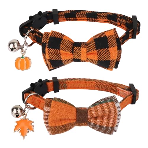 ADOGGYGO Fall Cat Collars with Removable Bow Bell 2 Pack Breakaway Orange Plaid Thanksgiving Halloween Fall Collars for Cat Kitten