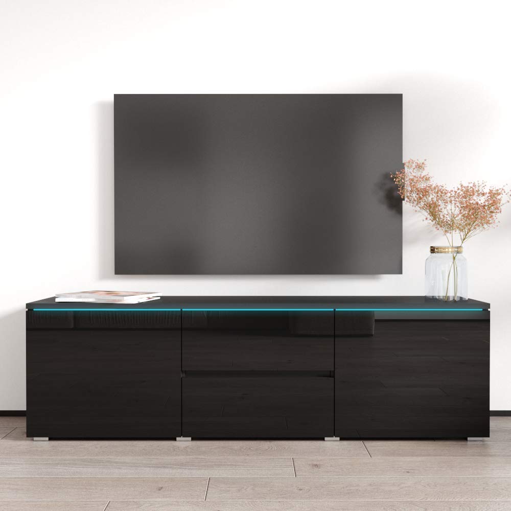 Meble Furniture Euphoria Classic Freestanding TV Stand - Modern Rectangular TV Stand with Storage Cabinets & LED Lights - Media Entertainment Center Console Table & TV Stand Upto 63