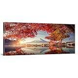 Canvbay Framed Canvas Prints Mount Fuji Wall Art Japanese Mountain over Lake in Sunrise Modern Nature Landscape Pictures Red Maple Leaves Canvas Print Nature Scenery Wall Decor for Home 20x48inch