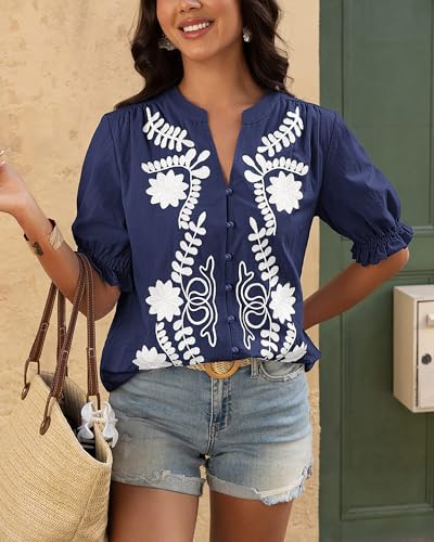 BTFBM Women's 2025 Summer Tops Casual Floral Boho V Neck Puff Short Sleeve Button Down Shirts Embroidered Blouses Tunic