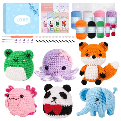 Image of Gerute Crochet Kit for Beginners, 6 PCS Amigurumi Animal Family Starter Kit with Step-by-Step Video Tutorials & Illustrated Guide, 40% Extra Yarn, DIY Family Craft Gifts for Adults & Kids