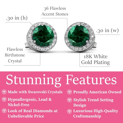 Cate & Chloe Royal 18k White Gold-Plated May Birthstone Stud Earrings with Round Cut Halo 1ct Simulated Diamond Crystals, Emerald Birthstone Earrings for Women, Gift for Her on Christmas — view 2