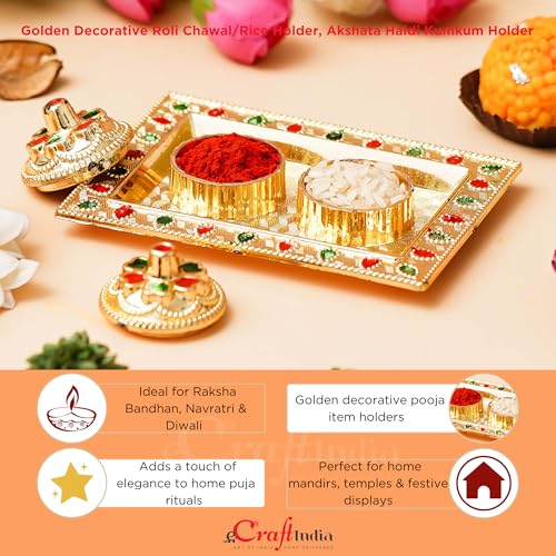 Image of eCraftIndia Golden Decorative Roli Chawal /Rice Holder, Akshata Haldi Kumkum Holder, Kankavati Pooja Items for Home Puja Mandir Temple- Gift for Diwali Navaratri- Diwali Decoration Items For Home Decor
