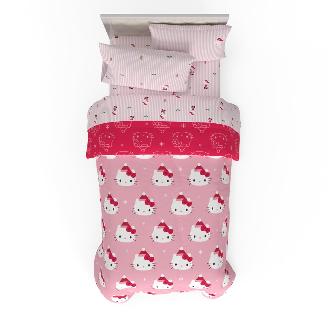 Sanrio Hello Kitty Holiday Christmas Bed Linen Soft Duvet and Sheet Set with Bedspread, 5 Pieces, Twin Size (Officially Licensed Product) by Franco