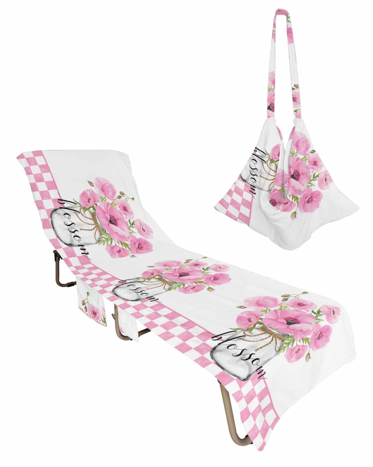 Pink Flower Plaid Beach Chair Towel Covers for Chaise Lounge with Side Pocket, Soft Plush Pool Towels Cover for Patio Sunbathing Outdoor Buffalo White Checkered Bottle Botanical Floral 29''x85''
