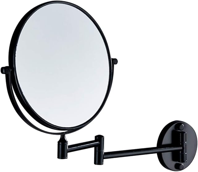 Iamagie 8inch Round Mirror Double Sided with 3x Magnifying Mirror, Extendable Fodable 360° Rotatable No-drill, Bathroom Wall Mounted Swivel Shaving Cosmetic Makeup Vanity Mirror (Black)