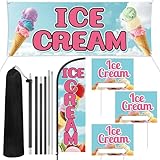 Hahafelt 5 Pcs Ice Cream Stand Decor Kit Swooper Feather Flag with Pole Yard Sign and Banner for Outside Advertising Business Lawn Outdoor Decorations