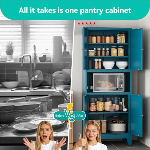 Image of 69 inch Tall Pantry Cabinet with Open Shelf,13.78 inchDeep By 28 inch Wide Storage Cabinet with Doors and Adjustable Shelves,Microwave Stand,for Kitchen Dining Room Living Room Bathroom,Teal Blue,1Pc