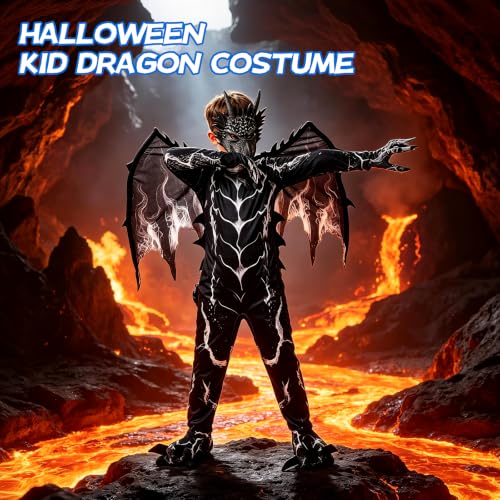 Kids Dragon Costume, Boys Dragon Halloween Costume with Mask, Wings & Tail - image 4