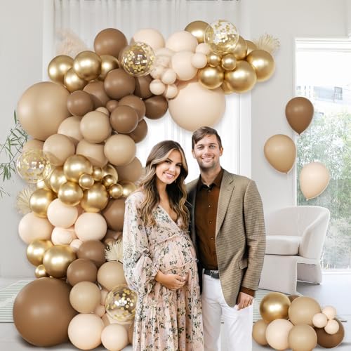 Image of Brown Balloon Arch Garland Kit with Brown Sand White Gold Balloons
