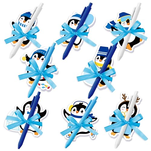 Xqumoi Winter Penguin Sticky Notes with Pen Gift Set - 24 Set Christmas Polar Animal Self Sticky Writing Memo Notepads Ballpoint Pens Mesh Bag Party Favors School Classroom Rewards Office Supplies