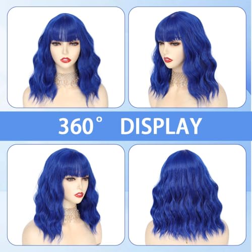 Image of Pastel Blue Wavy Bob Wig for Women, Short Shoulder Length Synthetic Wig with Bangs, Natural Looking Lightweight Hairpiece for Daily Wear & Cosplay Costume Party