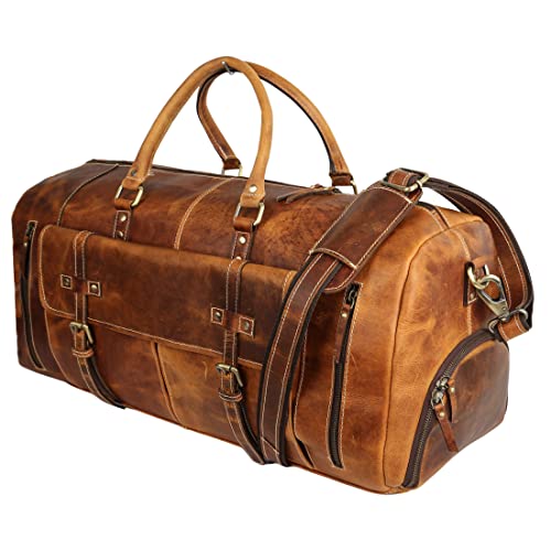 KomalC Leather Duffel Bags for Men and Women Full Grain Leather Travel Overnight Weekend Leather Bags Sports Gym Duffel for Men (Distressed Tan, 28 Inch)
