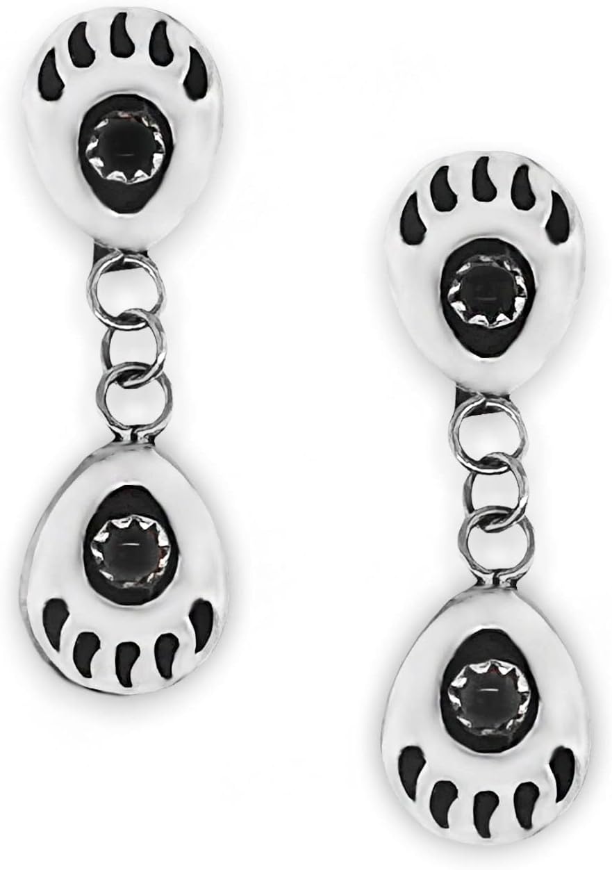Genuine Black Onyx Double Bear Paw Earrings, 925 Sterling Silver, Native American USA Handmade, Nickle Free