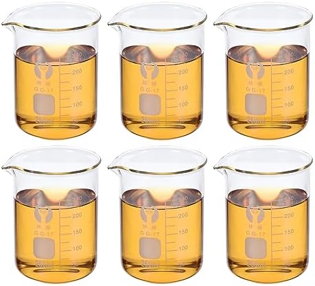 PATIKIL 250ml Low Form Glass Beaker, 6 Pack 3.3 Borosilicate Glass Graduated Printed Scale Measuring Cups with Spout for Kitchen Lab Liquids