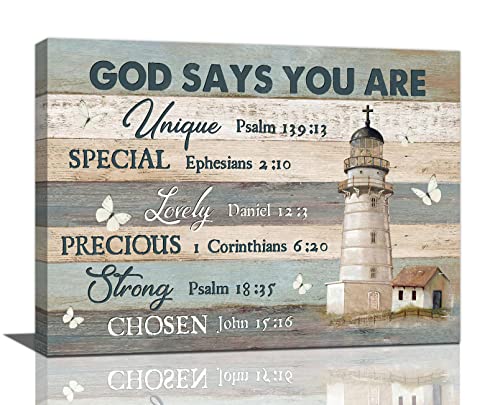 Rustic Lighthouse Wall Art Christian God Says You Are Bible Verse Pictures Wall Decor Canvas Prints Framed Barn Butterfly Painting Artwork for Bathroom Kitchen Living Room Office Church 16"x12"
