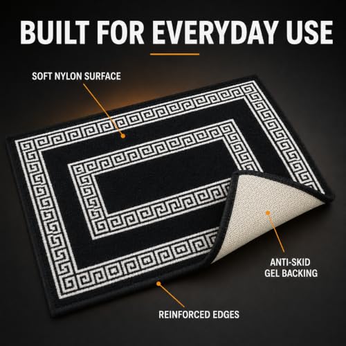 Image of Matz&More Greek Double Line Floor Mat | 40x60 CM | Black White | Nylon Tufted Gel Baking Anti-Slip | Doormat for Home Entrance, Kitchen & Bedroom