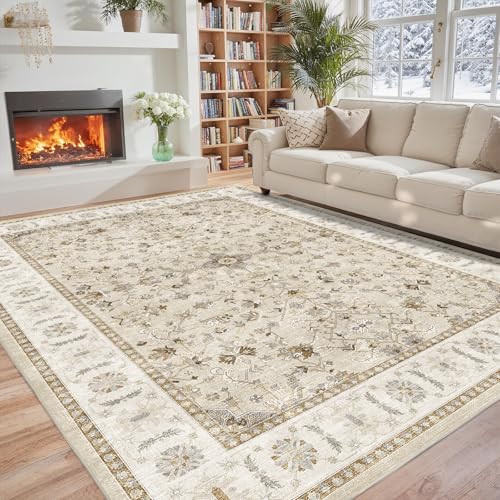 MATIIUI Washable 5x7 Area Rug - 5x7 Rugs for Living Room, Boho Floral Vintage Low Pile Carpet, Soft, Durable, Foldable Non-Slip Indoor Rugs for Bedroom, Dining Room, Dorm, Coffee Table Under, Beige