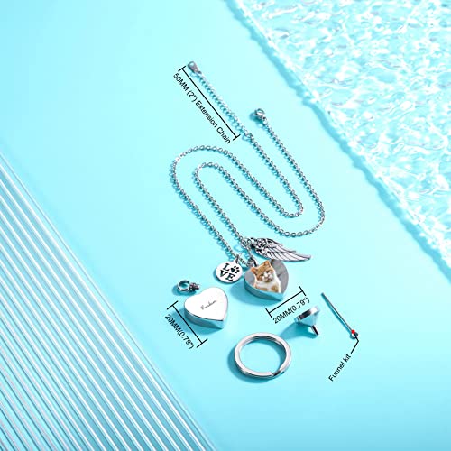 INBLUE Personalisierte Urnen Halskette für Asche, Pfotenabdruck Herz Edelstahl Anhänger, Gravur Foto Hund Katze Name, Feuerbestattung Schmuck für Damen Herren mit Trichter Set, Engelsflügeln