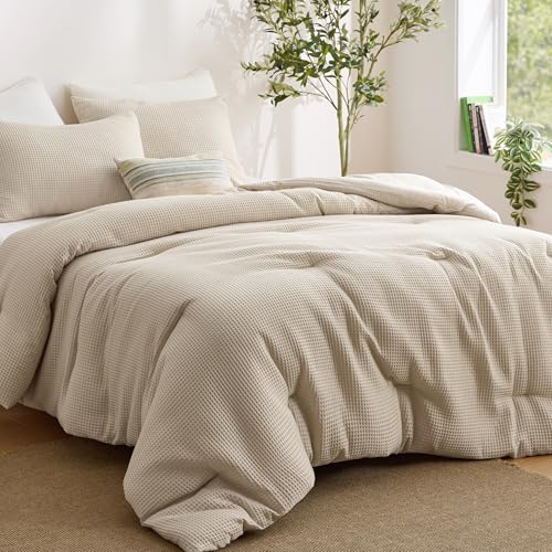 Image of Bedsure Queen Bedding Comforter Set Beige, Waffle Breathable Bedding Set, All Season Comforter with 3 Pieces, 1 Waffle Weave Comforter (90 inchx90 inch) and 2 Pillowcases (20 inchx26 inch)