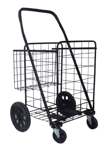 [Black] Heavy Duty Jumbo Folding Shopping Cart - Metal Bolted Strong Caster Wheels Extra Basket - Flagship Model by Unique Imports