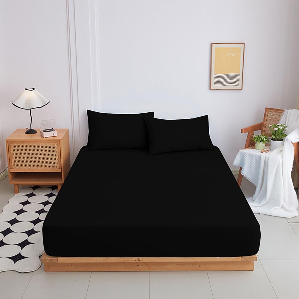 Highdi Fitted Sheets Deep Pocket 20cm, Sheet Bedding washable Sheets Linens Ultra Soft Easy Care Fade Resistant for Single Double King Size Bed (Black,180x200+20cm)
