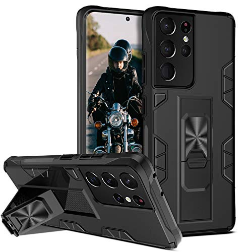GUAGUA Compatible with Samsung Galaxy S21 Ultra Case 5G 6.8 Inch with Folding Kickstand Heavy Duty Military Grade Hybrid Cover Shockproof Protective Phone Case for Samsung Galaxy S21 Ultra Black