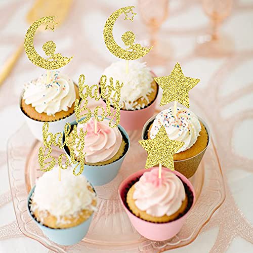 24 Pcs Baby Shower Boy Cupcake Toppers With Moon Star Glitter Baby Boy Cupcake Picks Decorations For Baby Shower Boys Birthday Party Supplies Gold #TOP3