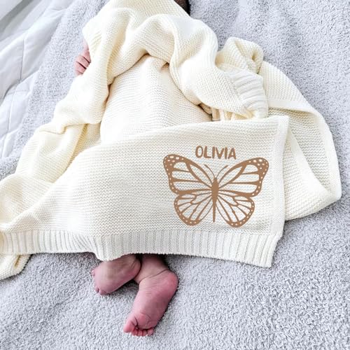 Image of Luxury Personalized Name Butterfly Baby Blanket, Embroidered Name, Soft Breathable Cotton Knit, Newborn Gift
