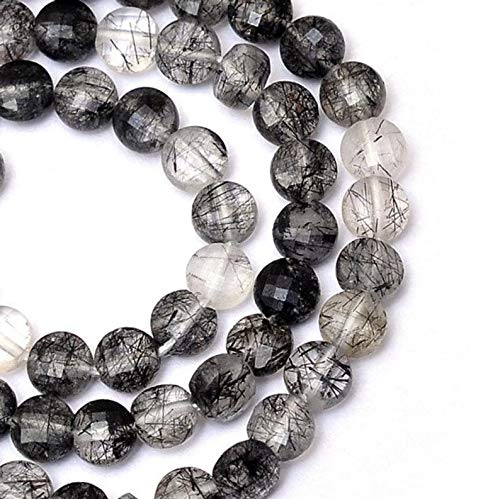 Naturalny czarny kwarc rutylowy 4 mm fasetowane bryolety na monety ~ czarne rutylowe koraliki półszlachetne do biżuterii ~ opakowanie sznurkowe 30 cm z 5 sztukami, ma?y, materiał,