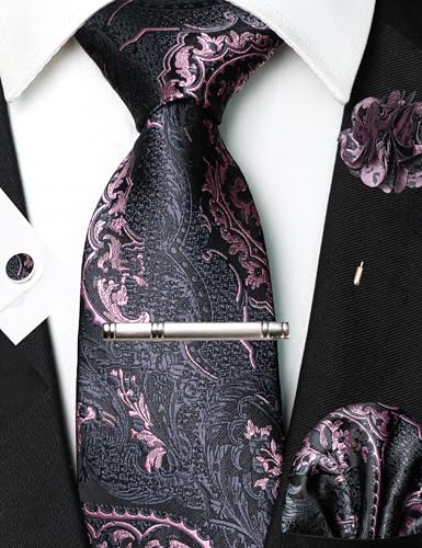 Image of JEMYGINS Mens Tie and Pocket Square,Lapel Pin,Cufflinks,Tie Clip Sets with Gift Box 5PCS