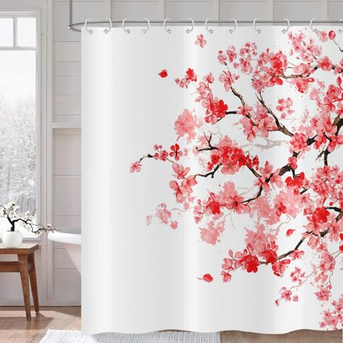 Hnmdmyi Duschvorhang Kirschblüten 180x200, Rote Blumen Sakura Blühende Pflaume Japanischer Asiatischer Anime Kunststil Badewanne Vorhang Wasserdicht Polyester Stoff Waschbar Badevorhang mit Haken