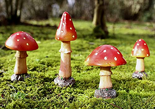 Garden Mile Set Of 4 Red and White Mushroom Garden Ornaments Outdoor Toadstool Mini Statues - Weatherproof Resin Realistic Mushroom For Plant Pot Patio Flowerbed Garden Decor
